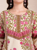 Yufta Pink And Beige Pure Cotton Floral Sequins Work Kurta Dupatta Set