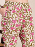 Yufta Pink And Beige Pure Cotton Floral Sequins Work Kurta Dupatta Set