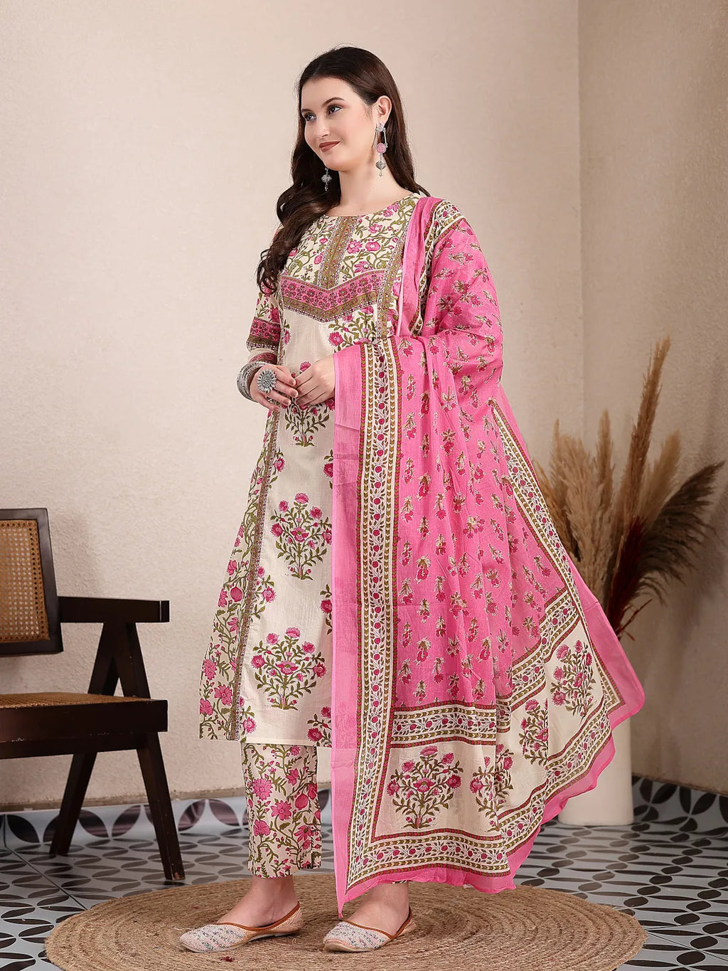 Yufta Pink And Beige Pure Cotton Floral Sequins Work Kurta Dupatta Set