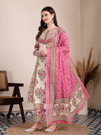 Yufta Pink And Beige Pure Cotton Floral Sequins Work Kurta Dupatta Set