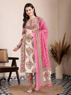 Yufta Pink And Beige Pure Cotton Floral Sequins Work Kurta Dupatta Set