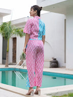 Yufta Pink And Blue Crop Top And Trouser Co Ord Set