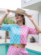 Yufta Pink And Blue Crop Top And Trouser Co Ord Set