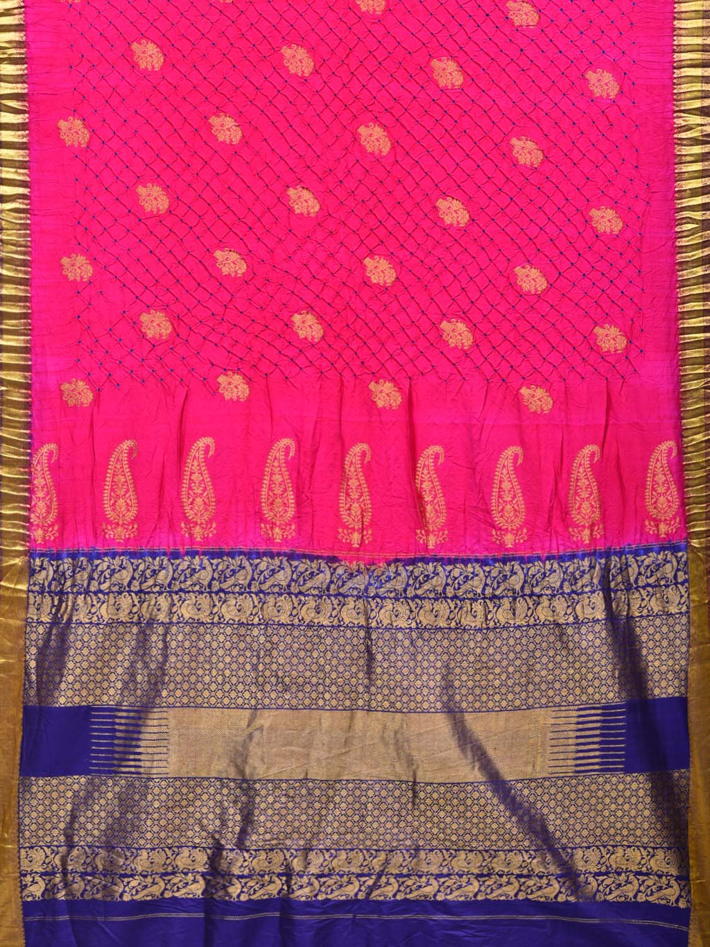 Pink and Dark Blue Bandhani Kanchipuram Silk Handloom Saree with Body Buta Design - Global Threads