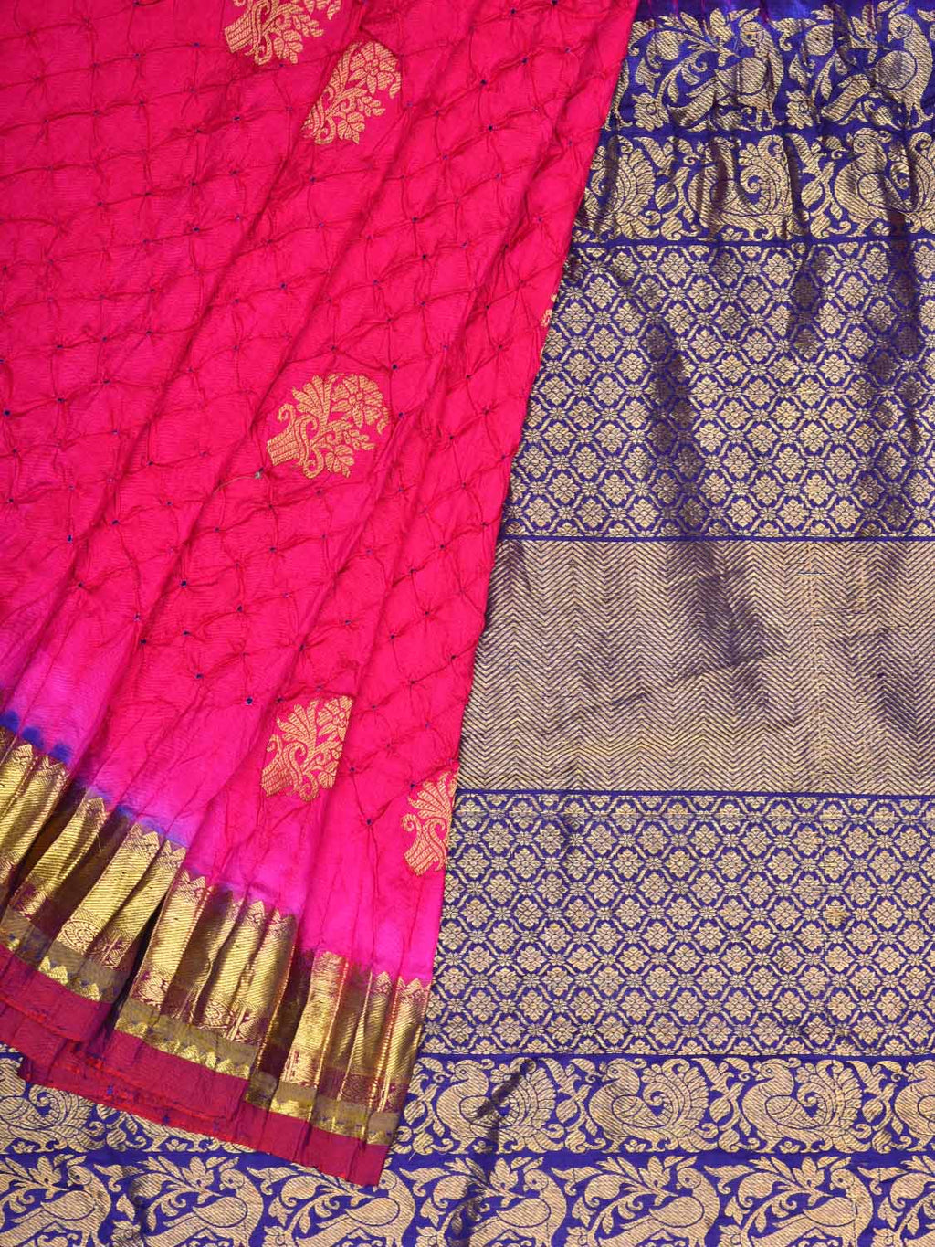 Pink and Dark Blue Bandhani Kanchipuram Silk Handloom Saree with Body Buta Design - Global Threads