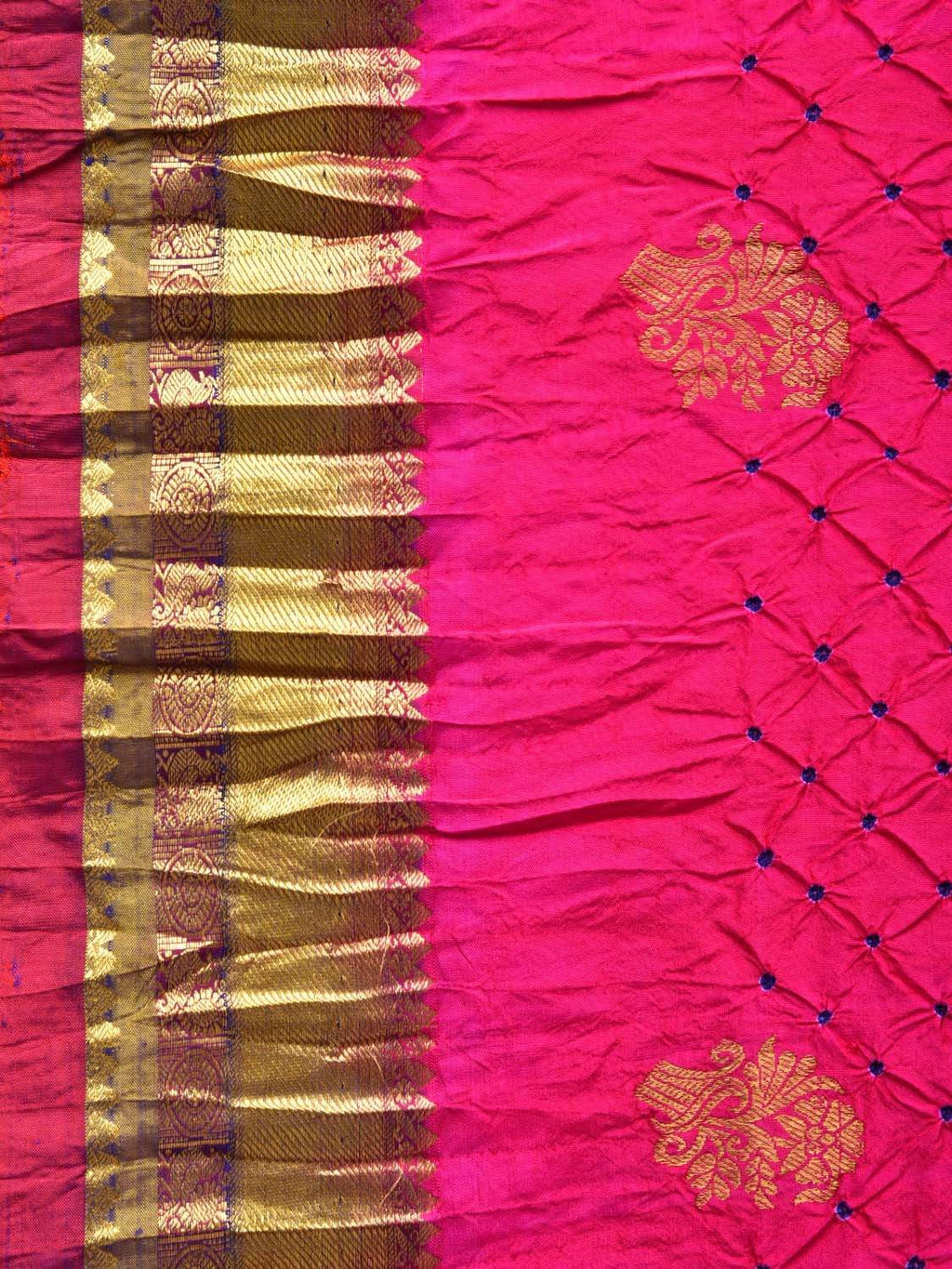 Pink and Dark Blue Bandhani Kanchipuram Silk Handloom Saree with Body Buta Design - Global Threads