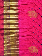 Pink and Dark Blue Bandhani Kanchipuram Silk Handloom Saree with Body Buta Design - Global Threads