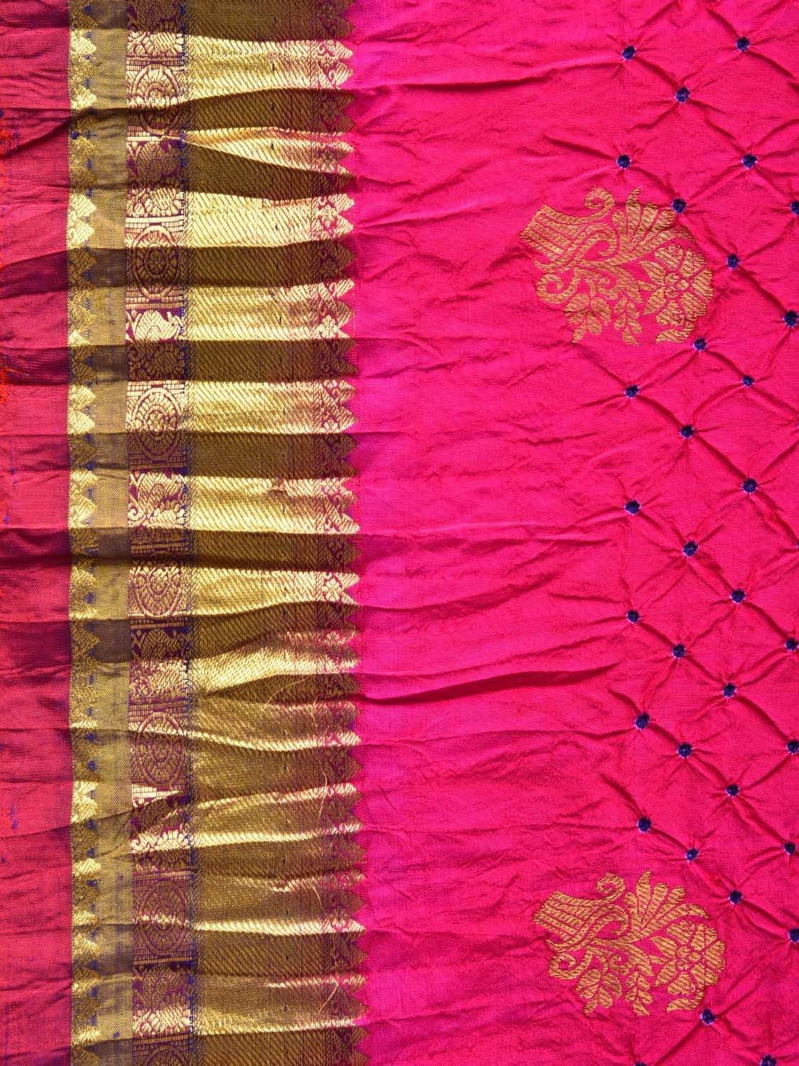 Pink and Dark Blue Bandhani Kanchipuram Silk Handloom Saree with Body Buta Design - Global Threads