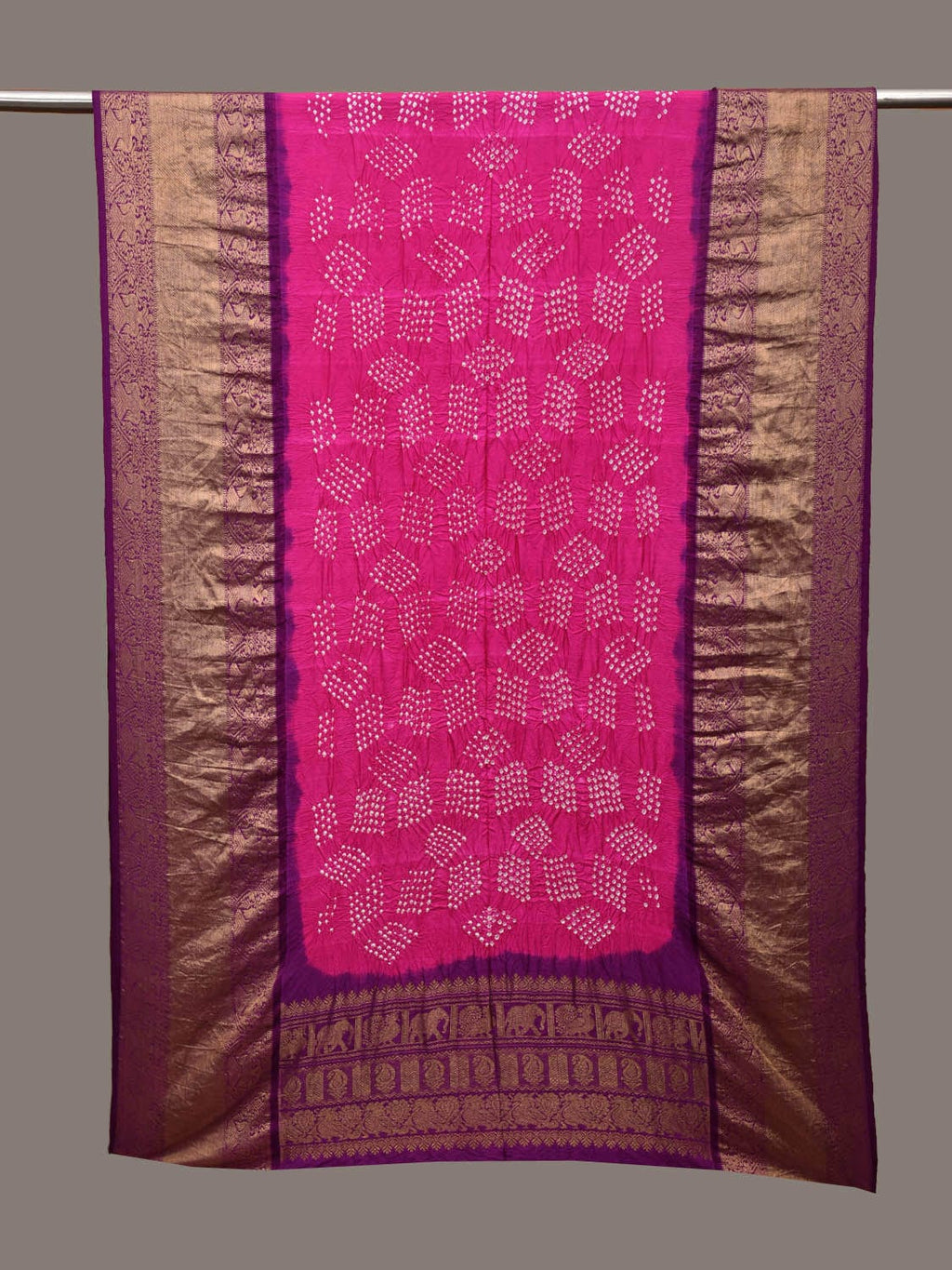 Pink and Purple Bandhani Kanchipuram Silk Handloom Dupatta with Border Design - Global Threads