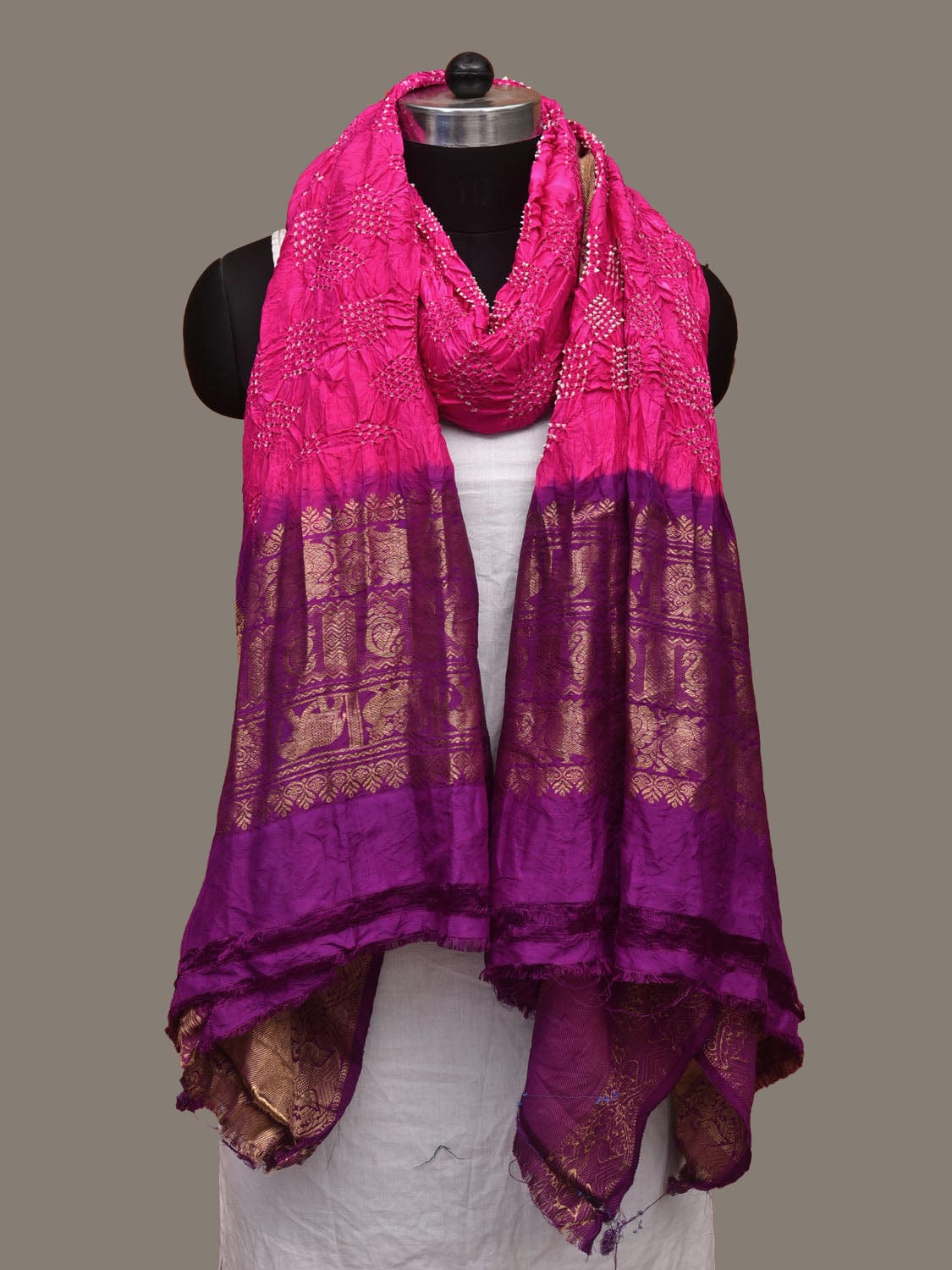 Pink and Purple Bandhani Kanchipuram Silk Handloom Dupatta with Border Design - Global Threads
