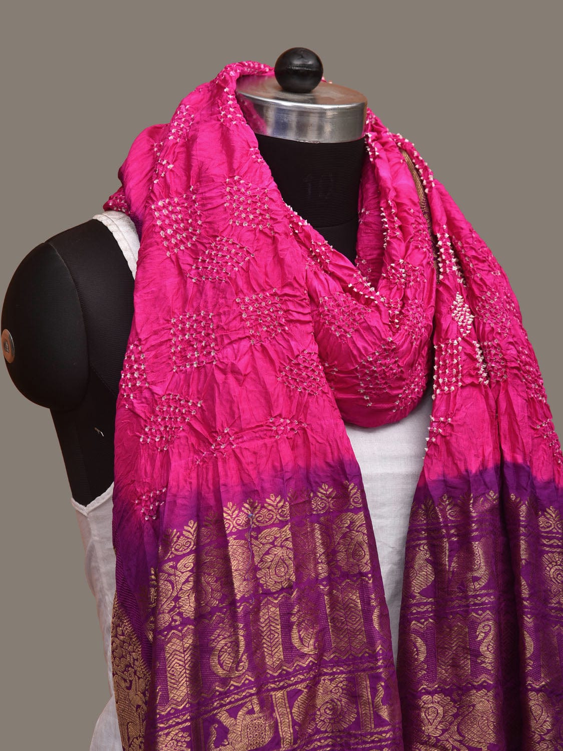 Pink and Purple Bandhani Kanchipuram Silk Handloom Dupatta with Border Design - Global Threads