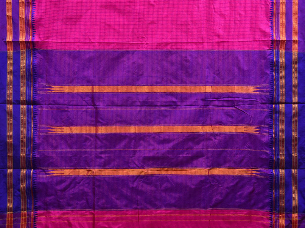 Pink and Purple Narayanpet Silk Handloom Plain Saree with Traditional Border Design No Blouse - Global Threads