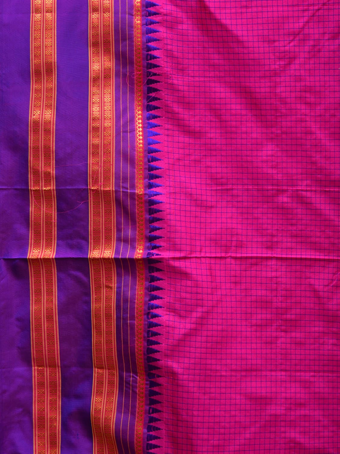 Pink and Purple Narayanpet Silk Handloom Plain Saree with Traditional Border Design No Blouse - Global Threads