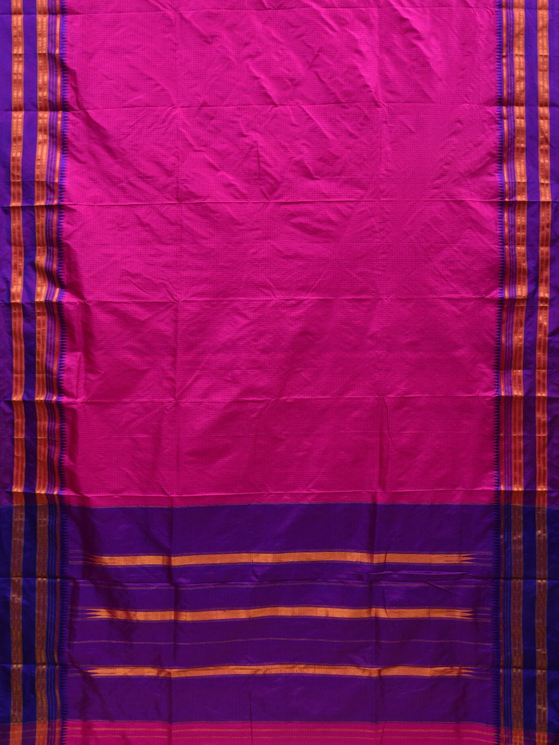 Pink and Purple Narayanpet Silk Handloom Plain Saree with Traditional Border Design No Blouse - Global Threads