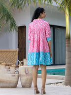 Yufta Pink & Sky Blue Pure Cotton Colour Blocking Dress - Distacart