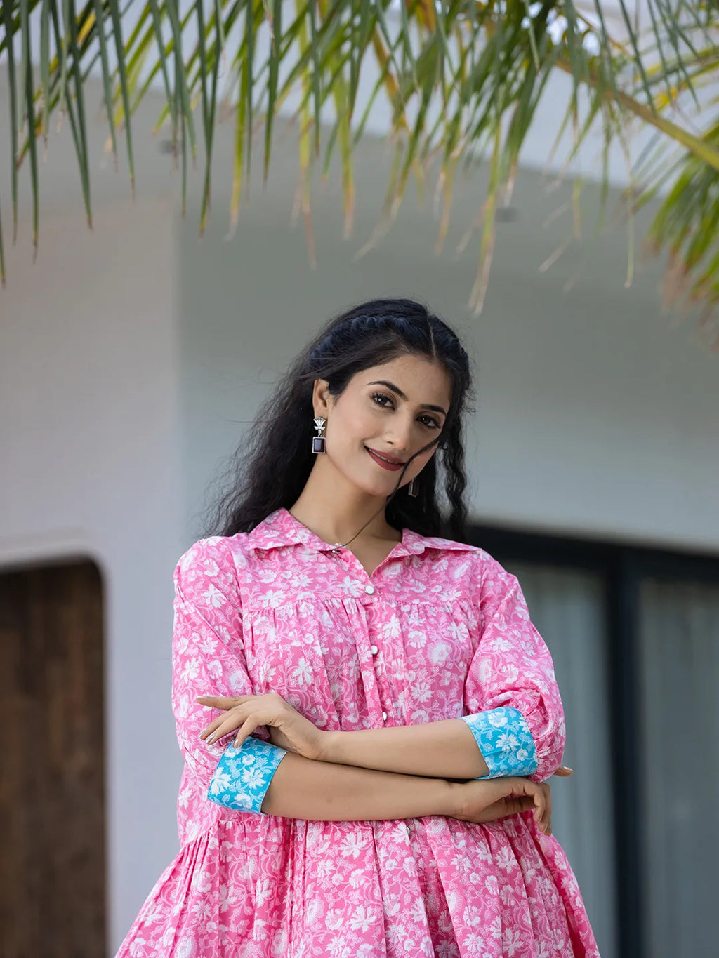 Yufta Pink & Sky Blue Pure Cotton Colour Blocking Dress - Distacart