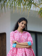 Yufta Pink & Sky Blue Pure Cotton Colour Blocking Dress - Distacart