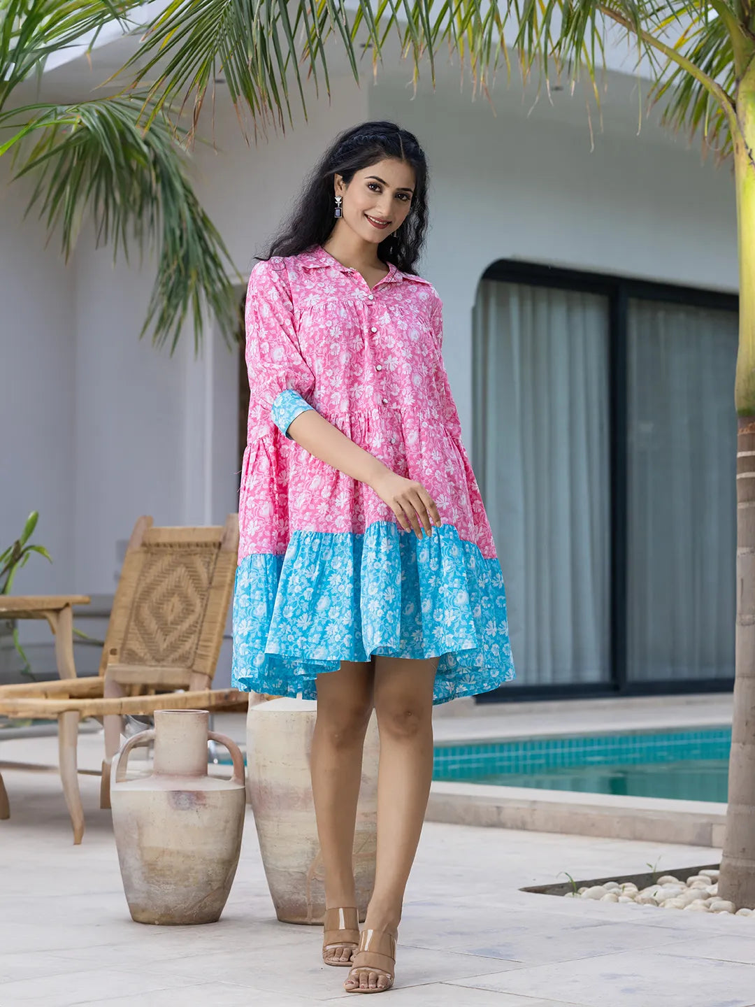Yufta Pink & Sky Blue Pure Cotton Colour Blocking Dress - Distacart