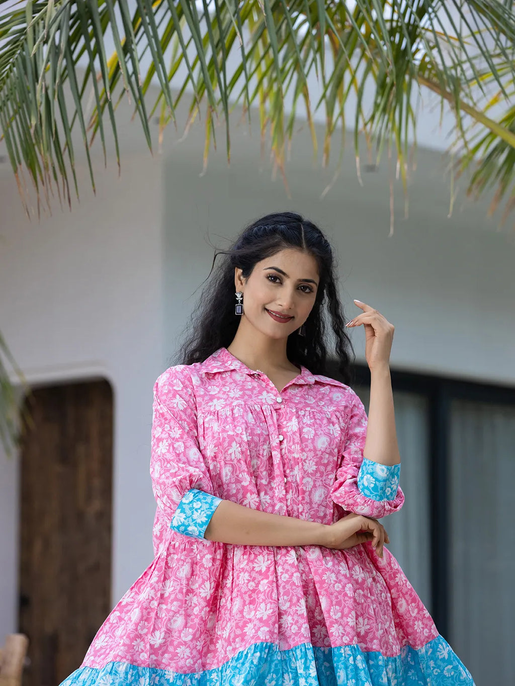 Yufta Pink & Sky Blue Pure Cotton Colour Blocking Dress - Distacart