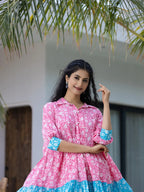 Yufta Pink & Sky Blue Pure Cotton Colour Blocking Dress - Distacart