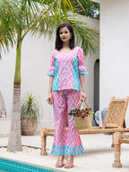 Yufta Pink & Sky Blue Colour Blocking Co Ord Set