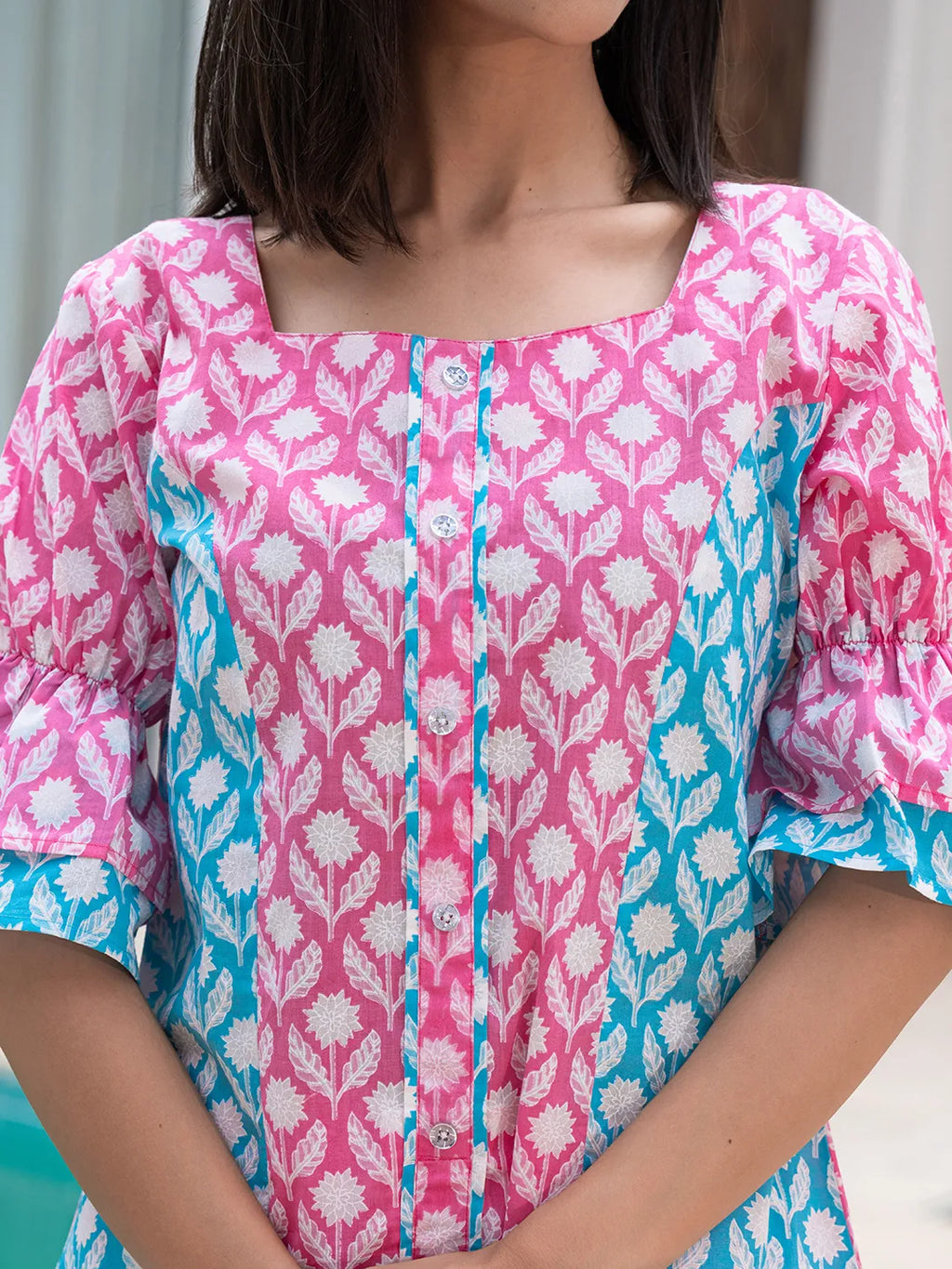 Yufta Pink & Sky Blue Colour Blocking Co Ord Set