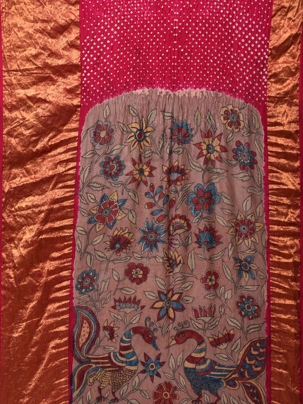 Pink Bandhani Kanchipuram Silk Handloom Saree with Kalamkari Pallu and Blouse Design - Global Threads