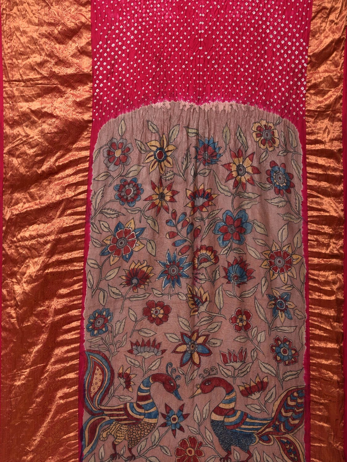 Pink Bandhani Kanchipuram Silk Handloom Saree with Kalamkari Pallu and Blouse Design - Global Threads