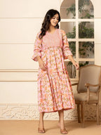 Yufta Pink Cotton Floral Print Tiered Dress With Ruffles - Distacart
