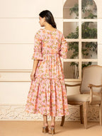 Yufta Pink Cotton Floral Print Tiered Dress With Ruffles - Distacart