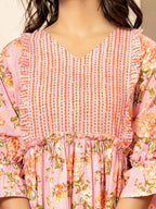Yufta Pink Cotton Floral Print Tiered Dress With Ruffles - Distacart