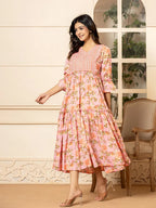 Yufta Pink Cotton Floral Print Tiered Dress With Ruffles - Distacart