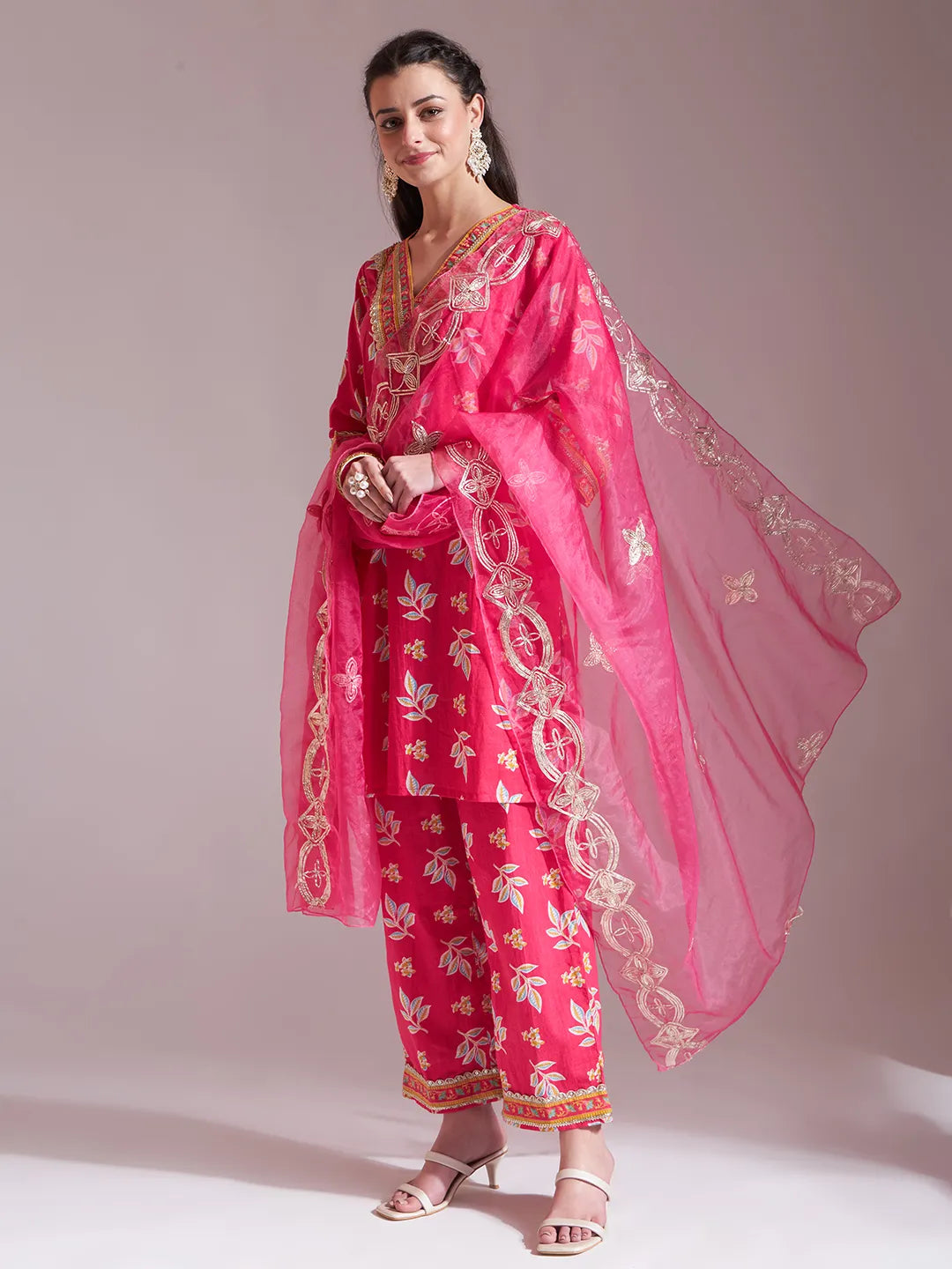 Yufta Pink Cotton Lace Work Kurta Set With Pant Dupatta