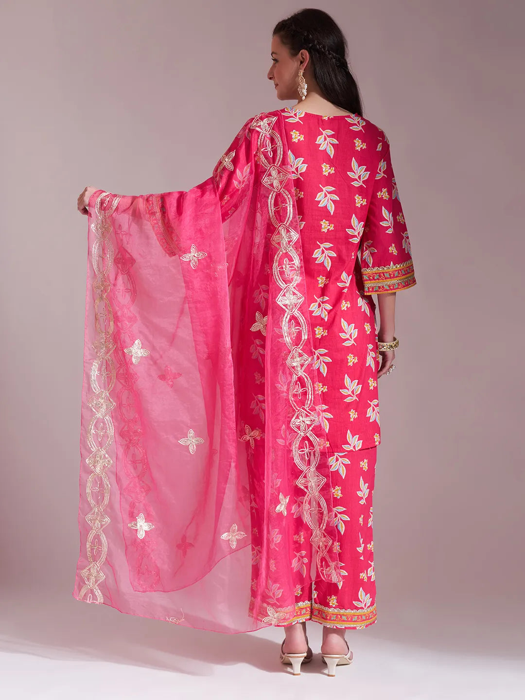 Yufta Pink Cotton Lace Work Kurta Set With Pant Dupatta