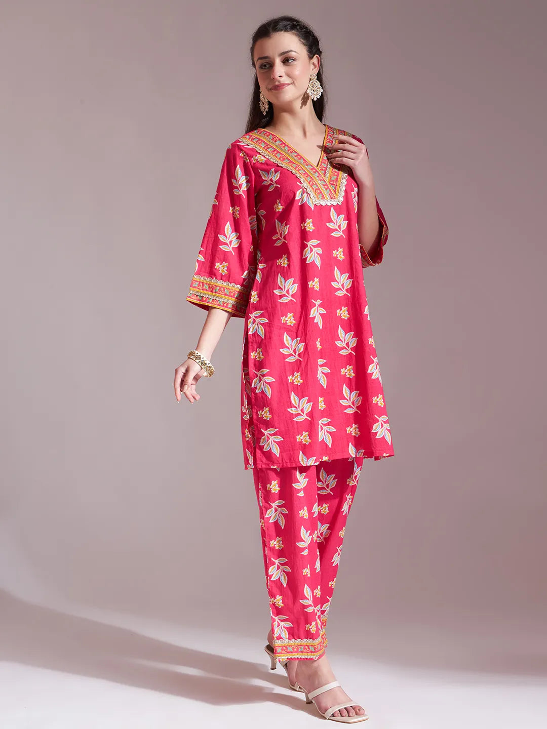 Yufta Pink Cotton Lace Work Kurta Set With Pant Dupatta