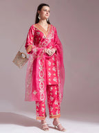 Yufta Pink Cotton Lace Work Kurta Set With Pant Dupatta