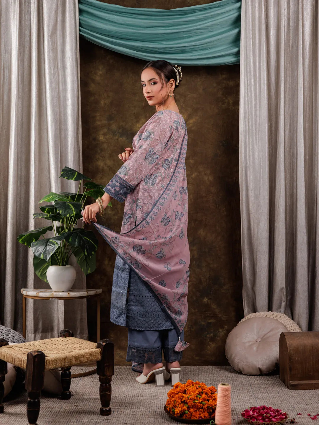 Yufta Pink Cotton Schiffli Floral Print Kurta Dupatta Set With Lace Detailing