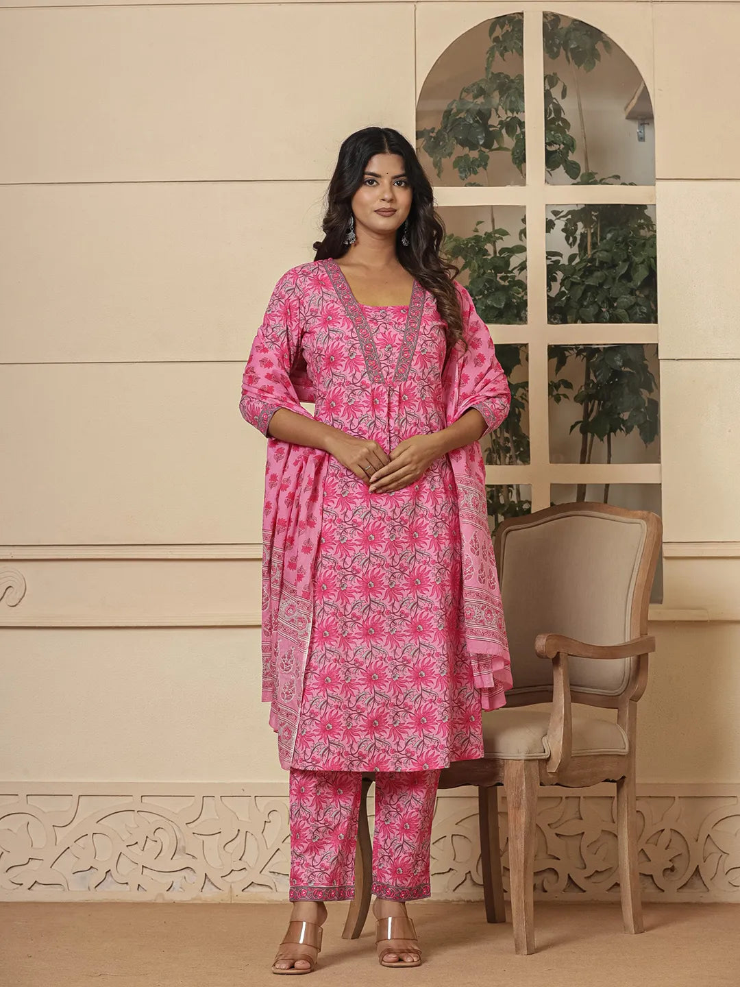 Yufta Pink Cotton Sequins_Work Kurta Dupatta Set