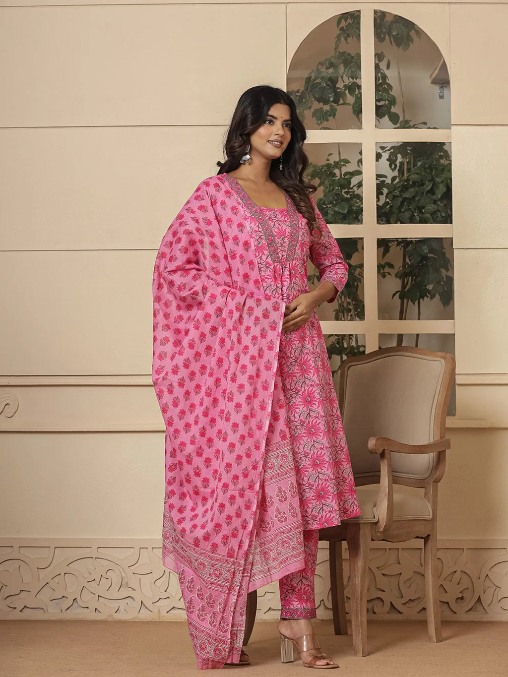 Yufta Pink Cotton Sequins_Work Kurta Dupatta Set