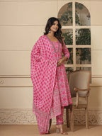 Yufta Pink Cotton Sequins_Work Kurta Dupatta Set