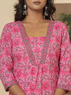 Yufta Pink Cotton Sequins_Work Kurta Dupatta Set