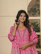 Yufta Pink Cotton Sequins_Work Kurta Dupatta Set