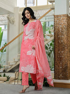 Yufta Pink Cotton Straight Lace Wor Kurta Dupatta Set - Distacart