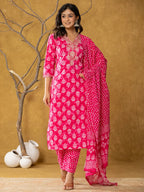 Yufta Pink Cotton Zari Work Straight Kurta Dupatta Set