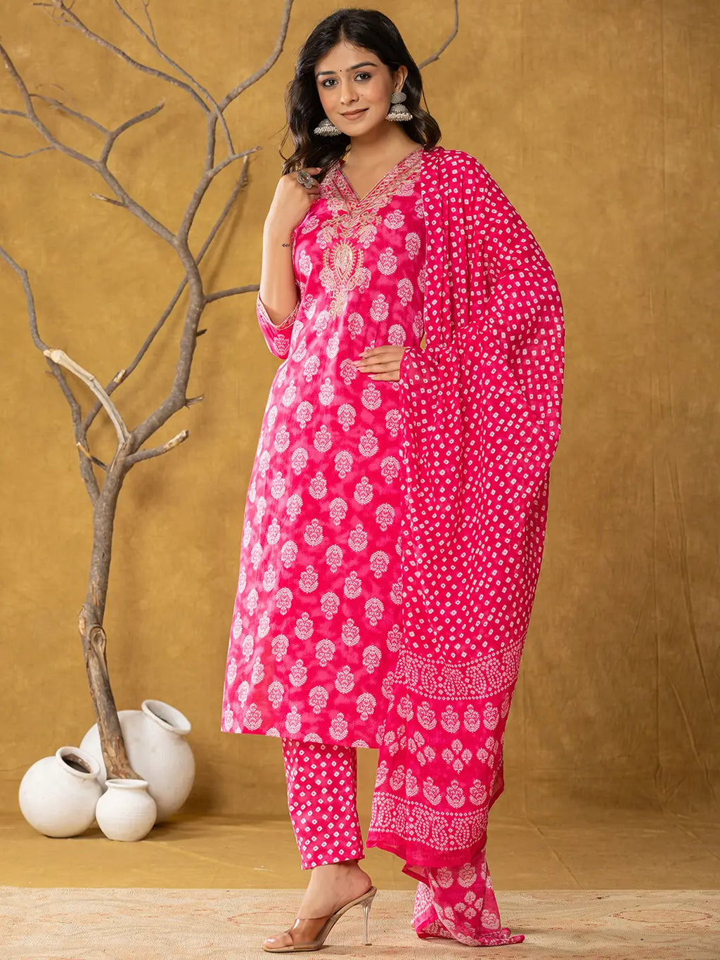 Yufta Pink Cotton Zari Work Straight Kurta Dupatta Set