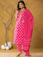 Yufta Pink Cotton Zari Work Straight Kurta Dupatta Set