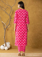 Yufta Pink Cotton Zari Work Straight Kurta Dupatta Set