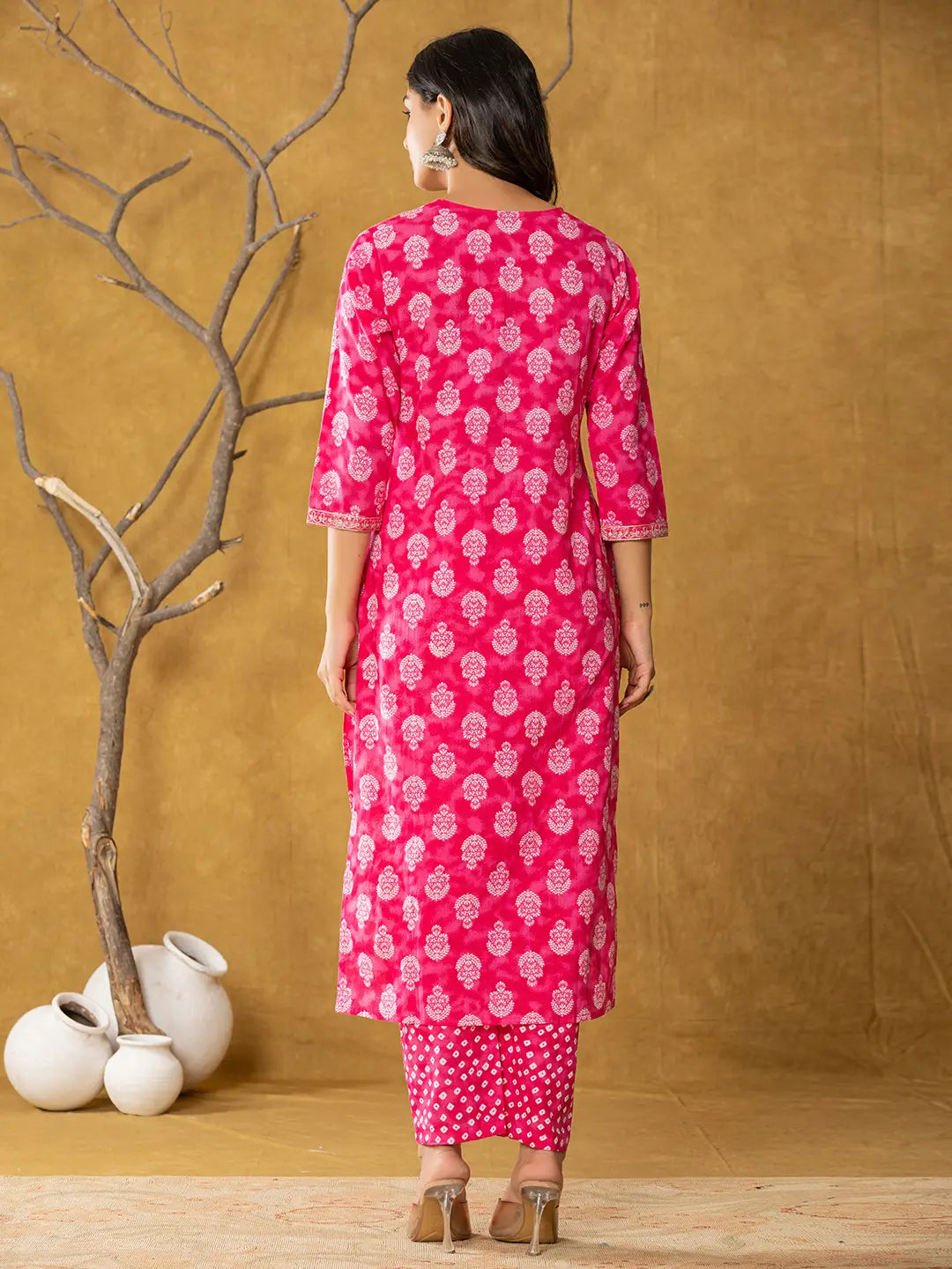 Yufta Pink Cotton Zari Work Straight Kurta Dupatta Set