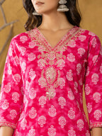 Yufta Pink Cotton Zari Work Straight Kurta Dupatta Set