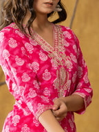 Yufta Pink Cotton Zari Work Straight Kurta Dupatta Set